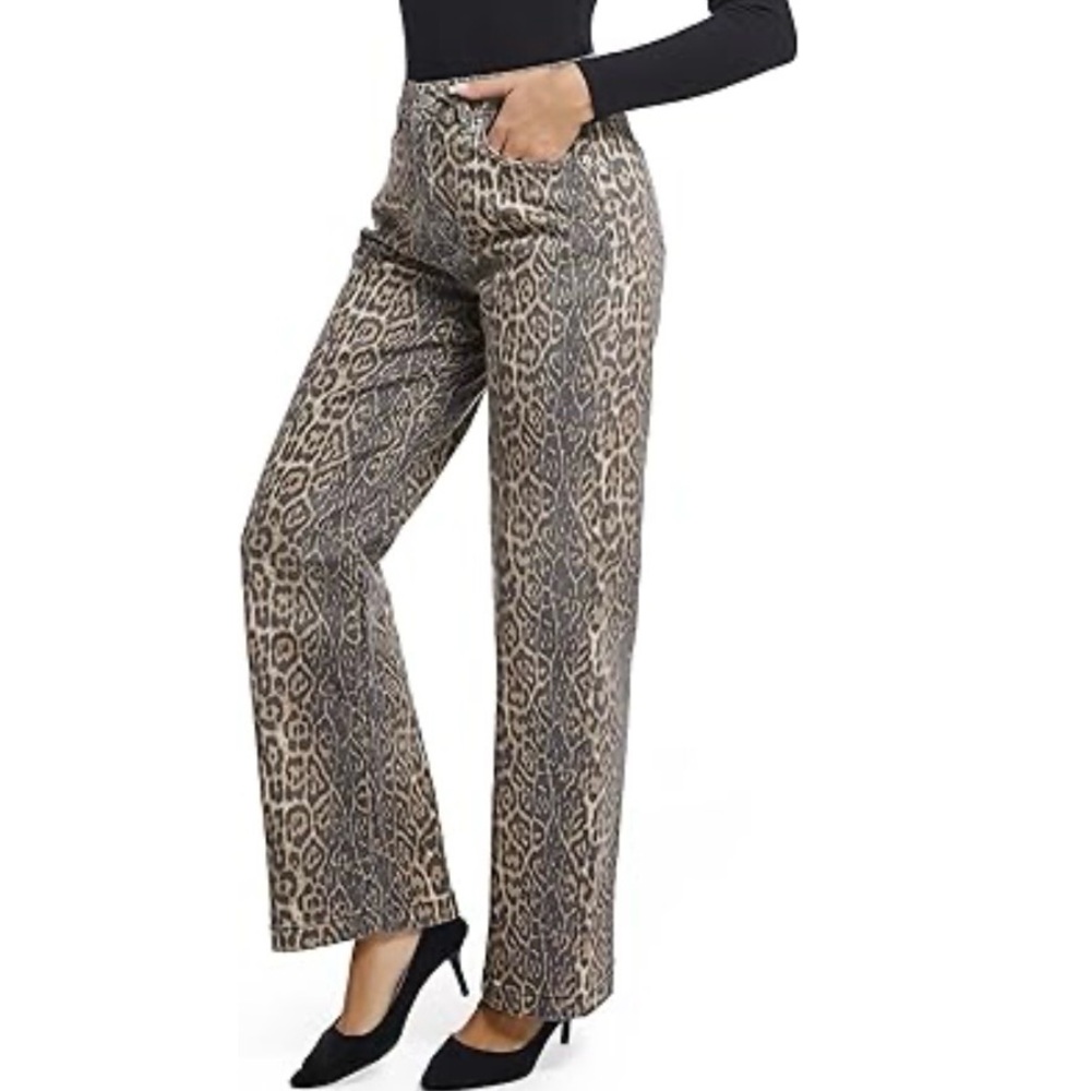 ETTELO Gray Leopard Print Denim Jeans Stretch Wide Leg 8